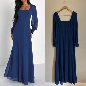 Dark Blue Square Neck Long Sleeve Maxi Dress Large